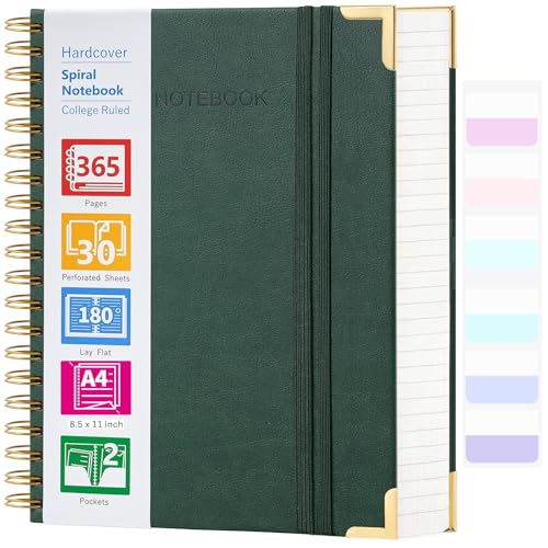 Spiral Notebook, 365 Page Hardcover College Ruled Notebook, 8.5" x 11", Large Leather Notebook Journal for Men Women, A4 Notebooks for Work School Notes, Journals for Writing, 24pcs Index Tabs, Green - color: Green, size: 8.5" x 11"