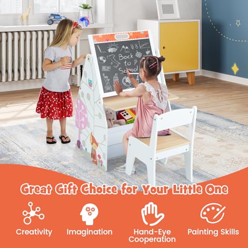 HONEY JOY Kids Art Easel, Wooden Double-Sided Toddler Table & Chair Set w/Adjustable Magnetic White Board & Chalkboard, Bookshelf & Storage Bin, Arts & Crafts, Kids Art Table for Boys Girls (White) - color: White