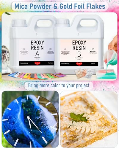 Smallbudi 80 Oz Epoxy Resin Kit with 16 Colors Mica Powder, Gold Foil, Cups & Stick, Crystal Clear Resin Beginner Supplies for Coating Casting Table, Molds, Jewelry Making, DIY Art Craft, 1:1 Ratio - size: 80 oz
