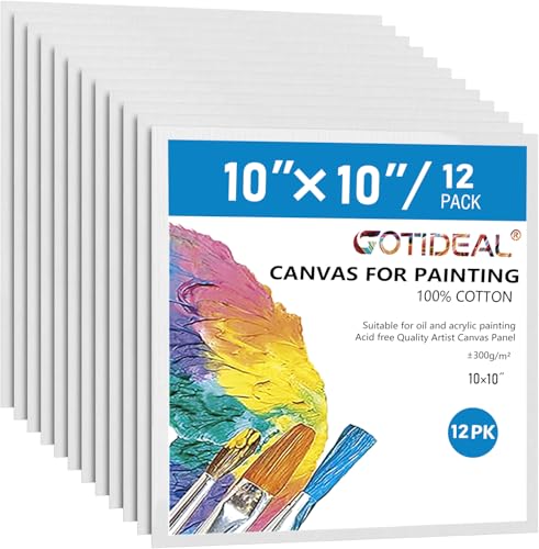 GOTIDEAL Canvases for Painting, 10x10 inch of 12 Pack, Professional Primed White Blank Flat Canvas Panels- 100% Cotton Artist Canvas Boards for Acrylics Painting, Oil Watercolor Tempera - size: 10"x10"