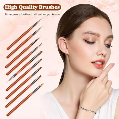 9Pcs Nail Art Brush Set, Builder Painting Design Detail Drawing Brushes Dotting Pen Double-Ended French Liner For Gel Polish Manicure Tools Acrylic Home DIY Salon Use Women, Brown - color: Brown
