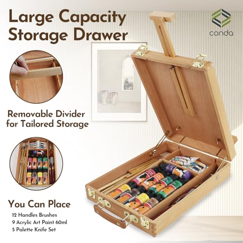 CONDA Premium Wooden Sketch Box Easel - Adjustable Tabletop Art Easel for Painting, Drawing & Sketching, Solid Beech Wood Design with Art Supply Storage, Ideal for Artists, Students & Beginners - style: Sketch Box