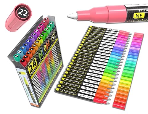 24 Neon Fluorescent Acrylic Paint Pens Special Color Series Markers Set 0.7mm Extra Fine Tip, Rock Painting, Glass, Mugs, Wood, Metal, Canvas DIY Projects Detailing Non Toxic, Waterbased Quick Drying - color: NEON XF
