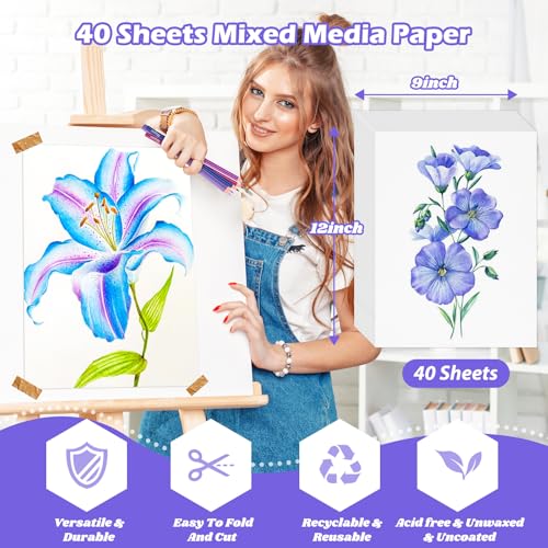 Mixed Media Paper 9" x 12", 40 Sheets (98lb/160gsm) Multipurpose Heavyweight Loose Drawing Art Paper for Sketching, Sketch Book, Gouache, Painting, Sketchbook, Drawing Pad Book, School - size: 9" x 12", 40 sheets, style: loose mixed media drawing paper