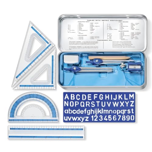 STAEDTLER 10-Piece Math Set with Metal Compass 24-Pack (24 Sets of 10 pcs), 6" Ruler & Triangle Squares, 45° & 30/60° Set Squares, Alphabet Stencil - Measuring Tools, 240 Count