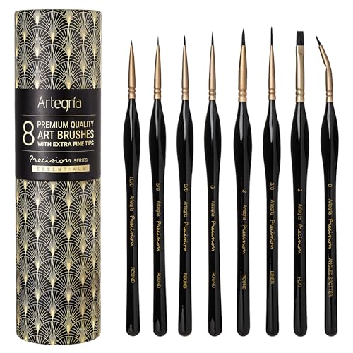 ARTEGRIA Detail Paint Brush Set, 8 Miniature Brushes with Extra Fine Tips and Ergonomic Handles, for Small Scale Models, Figurines, Paint by Numbers for Adults - color: Black - 8pcs