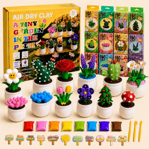 Air Dry Clay Kit for Kids, 12 Plants Modeling Magic Clay Sculpting Tools | Ultra-Light & Soft, Safe and Non-Sticky, DIY Flower Arts Craft Set, Home Party Favors Birthday Back to School Gift for Age 3+ - color: Colorful Plant Kit