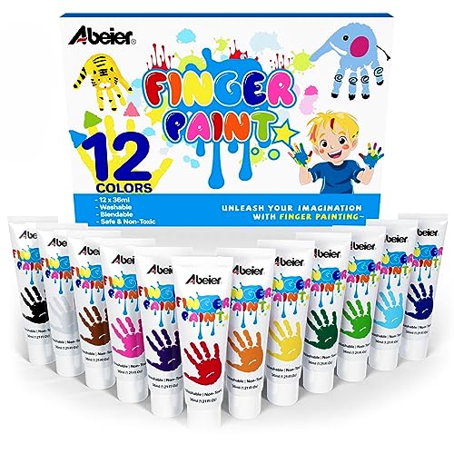 ABEIER Washable Finger Paint for Toddlers, Safe Non-Toxic, 12 Vibrant Colors (1.21fl oz), Baby Safe Paint for Hand and Feet, Mess Free Art Supplies for Kids, Preschool Learning Gifts, Ages 1-3 4 5 6+ - style: 1.21 Fl Oz (Pack of 12)