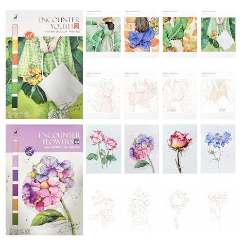 DIY Watercolor Painting Paper Kit Line Sketch Watercolor Coloring Paper(117lb/250gsm) Watercolor Drawing Set Art Craft Gift for Teens and Adults Beginners(Girls&Flowers)… - color: Girls&Flowers