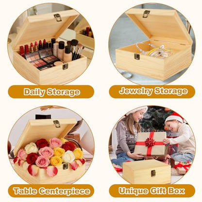 DAJAVE Unfinished Wooden Box, Wooden Storage Box with Hinged Lid, 9x9x4 Inch Pine Wood Box DIY Craft Stash Boxes for Arts Hobbies, DIY, Home Storage