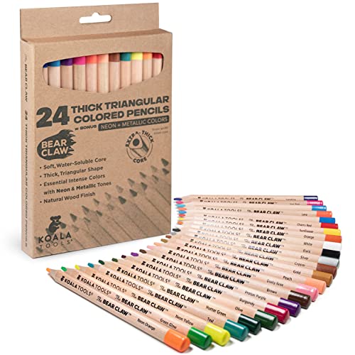 KOALA TOOLS - Bear Claw Colored Pencils for Adults and Kids, Water Soluble Color Pencils with Triangular Grip for Art and Shading, Includes Neon and Metallic Colors, Pack of 24