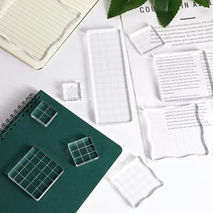 12Pcs Acrylic Stamp Block Clear Stamping Blocks Tools Set Assorted Sizes Stamp Blocks with Grid Lines for Scrapbooking Crafts Card Making