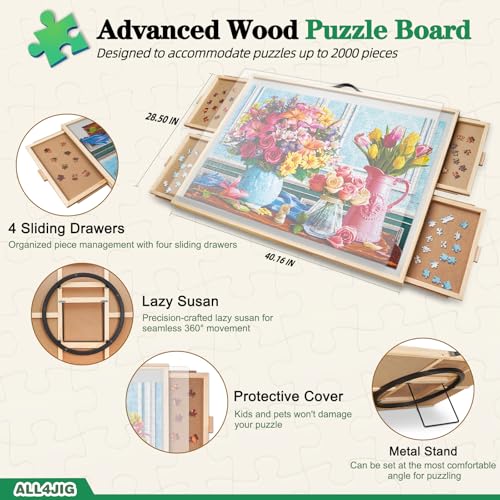 ALL4JIG 2000 Pieces 2-in-1 Tilting & Rotating Puzzle Board,40.16" x 28.5"Adjustable Angle Puzzle Board with 4 Drawers & Clear Protective Cover, Birthday Gift for mom,with a Tabletop Easel-Style Tilt - color: Iron, size: Large-2000pcs