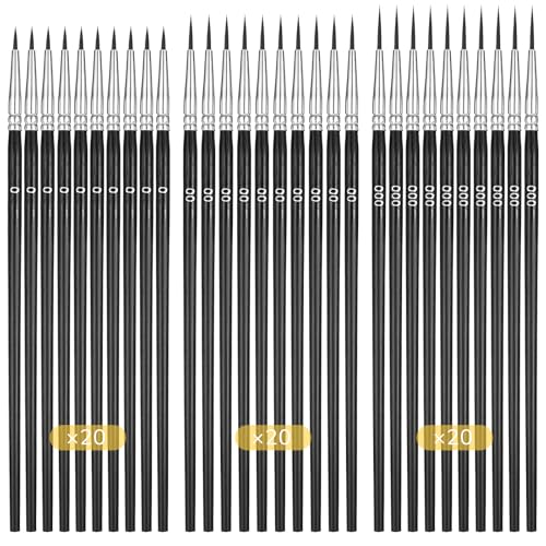 Qianyu 60 Pcs Tiny Detail Paint Brushes #0#00#000 Fine Tip Paints Brush Fine Paint Brushes Set with 3 Sizes Liner Brush for Crafts Watercolor Acrylics Oil Tempera Face Painting
