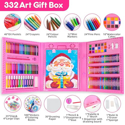 Art Supplies 332 Piece Drawing Art Kit Gifts for Girls Boys Kids Teens Gifts Art Set Case with Double Sided Trifold Easel, Stickers, Sketch Paper, Coloring Book, Pastels, Crayons, Pencils (Pink) - color: Pink