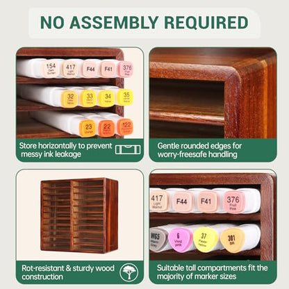 walowalo Acacia Wood Marker Organizer with 22 Compartments Holds 176 Markers, Alcohol Marker Storage Desk Organizer Pen Holder for Office Home Classroom Artists Kids Birthday Gift - size: Holds up to 176pcs Markers-Wood