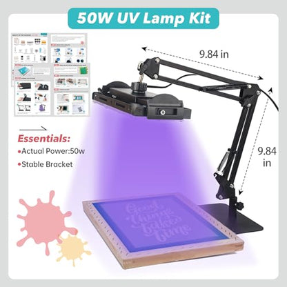 Ecoofor Screen Printing Kit 63 pcs All-in-One Set with 50 W UV Exposure Lamp, 3 Size Wood Screen Printing Frames, 6 Colors Screen Printing Ink, 15 A4 Inkjet Transparency Films & Emulsion Stripper