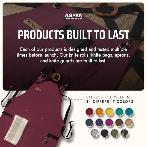 Asaya Chef and BBQ Apron with Bottle Opener and Hand Towel - 10oz Cotton Canvas, Stainless Steel Hardware - Cross Back Straps - color: Red
