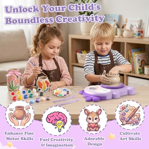 Unicorn Pottery Wheel for Kids,Pottery Wheel Arts and Crafts Kit with 2 Pack Air Dry Clay,Painting Tools & DIY Bracelet Making Supplies,Pottery Kit for Girls & Boys Age 6-14,Christmas & Birthday Gifts