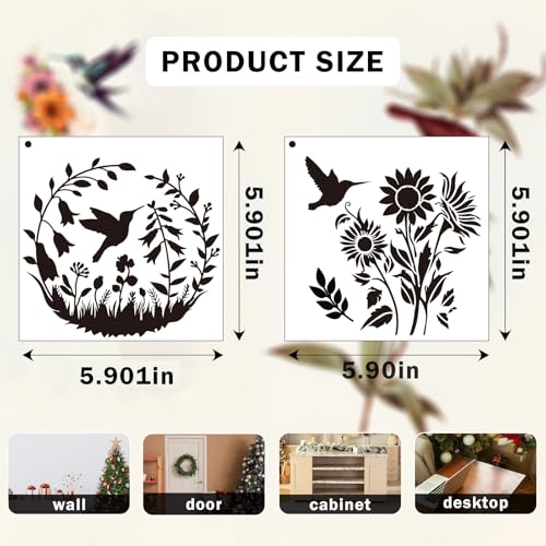 AFRITEE Hummingbird Stencils for Painting Reusable - 9 Pcs Cardinal Bird Reusable Craft Template on Wood for Home Decor, Floral Painting Stencil DIY Home Wall Floor Holiday Decorations - style: Hummingbird