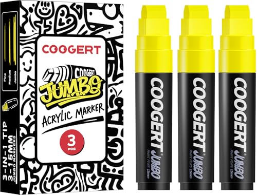 Coogert 3Pcs Yellow Jumbo Poster Markers, 15MM Thick Permanent Acrylic Graffiti Markers, Wide Tip Paint Marker for Canvas, Posters Board, Fabric, Window, Glass, Wood, Teachers,Banner painting supplies - color: Yellow