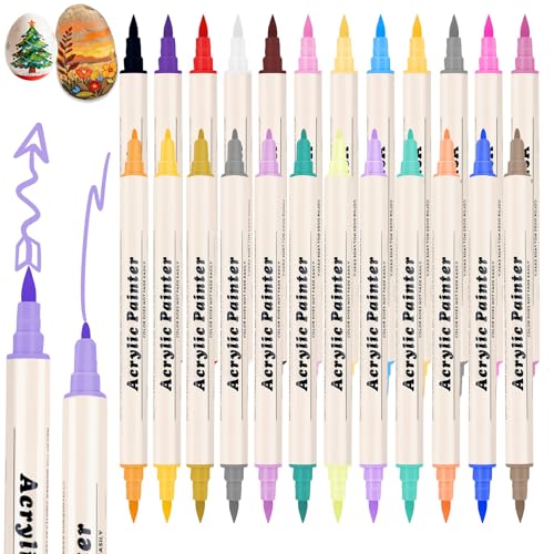 24 Colors Acrylic Paint Pens & Markers Set, Dual Tip Felt marking pens, Water-Based Paint Markers for Crafts & DIY Art