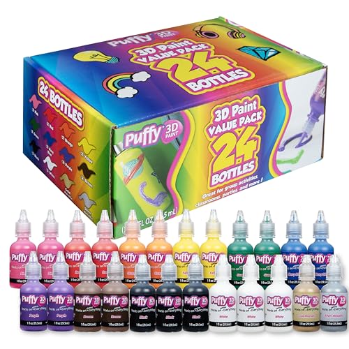 Puffy Paint Fabric Paint Set, 24 1 fl oz Bottles of Orignal Paint, 3 Stencils & 2 Paintbrushes, 3D Puff Paint Permanent Fabric Paint For Clotes, Multisurface, Rainbow Colors - size: 24 Count (1 fl oz each)