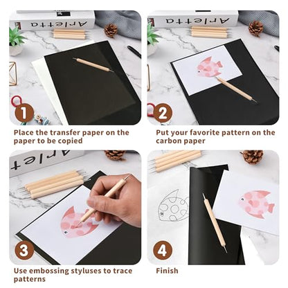 200 Sheets Carbon Paper Graphite Paper Black Carbon Transfer (8.5 x 11.5 inch) with 5 PCS Embossing Styluses Dotting Tools for Wood Paper Canvas Craft