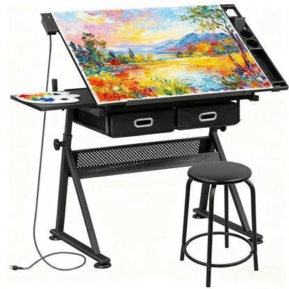 ZENY Adjustable Drafting Table with Stool, Tilting Drawing Desk Artist Table with Storage Drawers, Art Craft Workstation for Home Office Reading, Writing, Crafting (Black-with Outlet) - color: Black-with Outlet