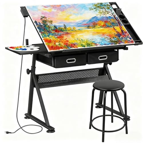 ZENY Adjustable Drafting Table with Stool, Tilting Drawing Desk Artist Table with Storage Drawers, Art Craft Workstation for Home Office Reading, Writing, Crafting (Black-with Outlet) - color: Black-with Outlet