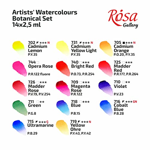 ROSA Gallery Watercolor Paint Set Botanical Unique Palette, Full Pans 2.5ml, Metal Case, Extra Fine Professional Watercolours (14 Full Pans)