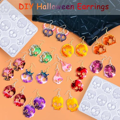 82 PCS Halloween Skull Earring Molds Kits with Holes, 12 Pairs Silicone Resin Molds with 40 Earring Hooks Epoxy for Halloween Decorations Pendants Keychains