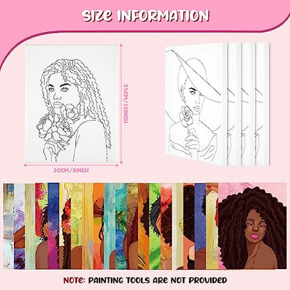 Sherr 20 Pcs Stretched Pre Drawn Canvas African American Canvas to Paint Afro Queen Black Art for Painting for Adults Outline Pre Drawn Stretched Cotton Art to Paint Party Set, 8 x 10 - style: Stylish