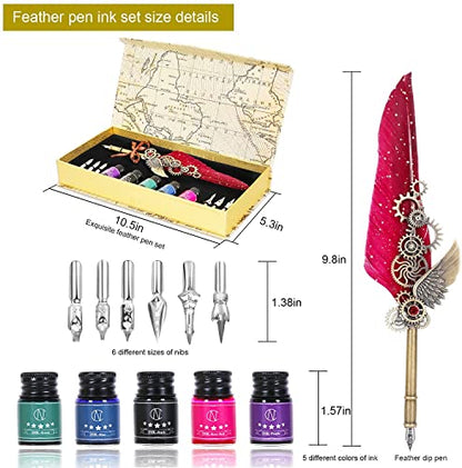 NC Feather Calligraphy Set, Quill Pen Ink Set Includes 5 Bottles of Ink and 6 Replaceable Stainless Steel Nibs, Calligraphy Pen for Writing, Writing Letters, Signing Invitations Etc (Red) - color: Wine Red
