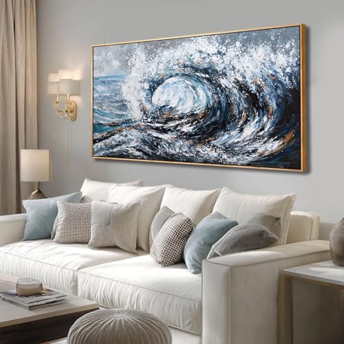 SDYA Canvas Prints Wall Art, Blue Ocean Wave Sea Picture Paintings,Modern Artwork Wall Decor for Home Room Office Decorations 24"x48" - color: Blue and white, size: 48"L x 24"W