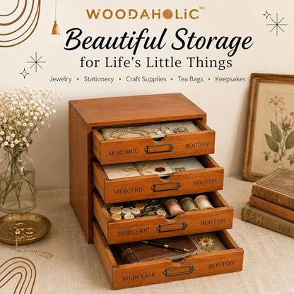Modular Stackable Apothecary Cabinet 4 Drawer Desk Organizer - Retro Library Card Catalog Wood Storage Box - Organize Stationery, Thread Embroidery, Sewing, Crafts, Junk Drawer & Supplies Countertop - style: 4 Drawer