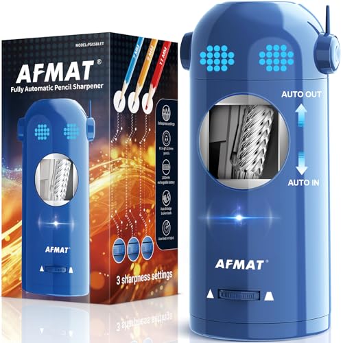 AFMAT Electric Pencil Sharpener, Fully Automatic Colored Pencil Sharpener for 7-11.5mm Pencils, Auto in & Out, Robot Pencil Sharpener for Kids, Rechargeable Hands-Free with Dotted Eyes, PSX5ET, Blue - color: Blue