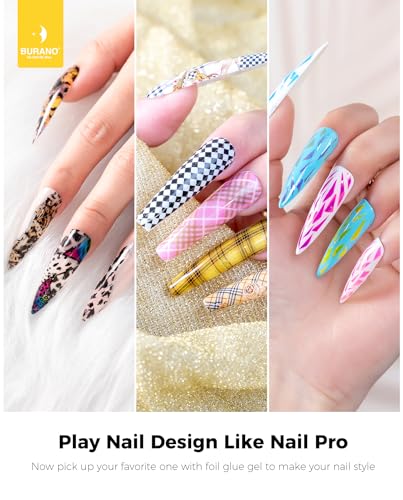 BURANO Nail Art Nail Foil Glue Gel, o.5 oz with 10PCS Foil Stickers Set Nail Foil Glue for Nails Foil Transfer Gel, Nail Design DIY UV LED Lamp Required (Fire 21) - color: Fire 21