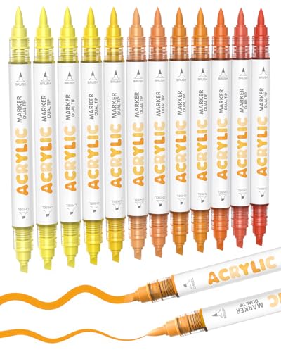 Guangna 12 Orange Dual Tip Acrylic Paint Markers, Brush Tip & Chisel Tip Acrylic Paint Pens for Rock, Wood, Glass, Paper, Coloring Book, Ceramic, Canvas, Water-Based Ink - color: Orange