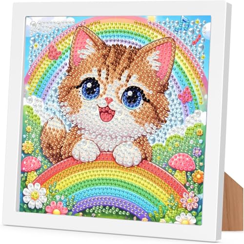 Cat Diamond Art Painting Kits for Kids with Frame, Animal Diamond Art for Kids Ages 4-8-12 with Frame, Easy Small Cute Gem Painting Kit for Gift Home Wall Decoration (7x7 inch) - color: CC1070-US