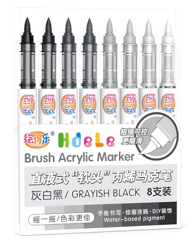 Guangna Grey Acrylic Paint Markers, Black Brush Tip Acrylic Markers, White Acrylic Paint Pens for Pumpkin Paint, Christmas Art, Rock Painting, Wood, Glass, Ceramic, Canvas, Stone, DIY Crafts - color: Grey & Black
