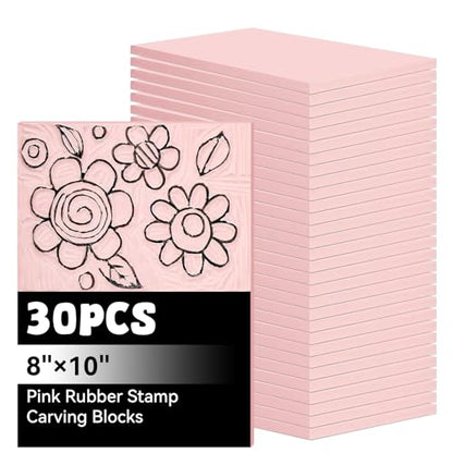 30 Pack 8x10 Inch Rubber Carving BlocksRubber Stamp Carving Blocks Rubber for PrintmakingPrintingDIY Craft ProjectSoft Block Stamp & Easy Carve Surface for Beginners and Professional(Pink)