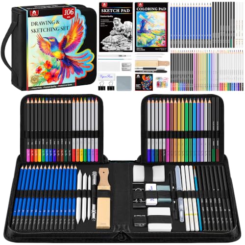 106 PCS Art Supplies Sketching Kit, Pro Drawing Pencils with 3-Color Sketchbook, Coloring Book, Colored Graphite Charcoal Watercolor & Metallic Pencils, Drawing Supplies Gifts for Artists Adults - color: Black, size: 106 Pack