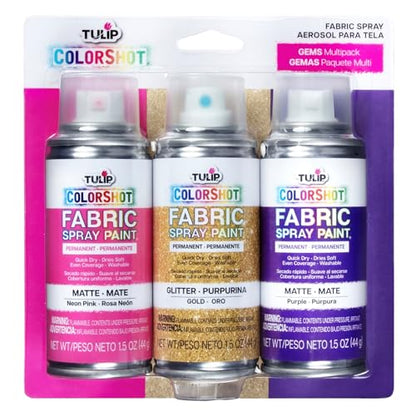 TULIP ColorShot Fabric Spray Paint, 3 Pack Jewel Tone Gem Colors Neon Pink, Glitter Gold, Purple