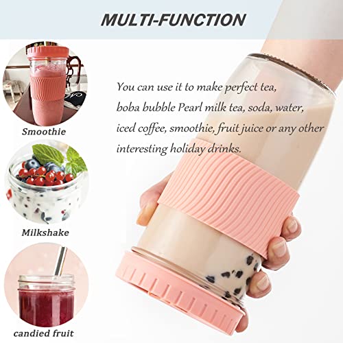 Amyoole 2 Pack Reusable Boba Cup, 24Oz Wide Mouth Smoothie Cup,mason Jar Glass Cups with Lids and Straws,Bubble/Boba Tea Cups,Ice Coffee Tumbler 2 colored straws 1 sponge brush(Pink) - color: Pink