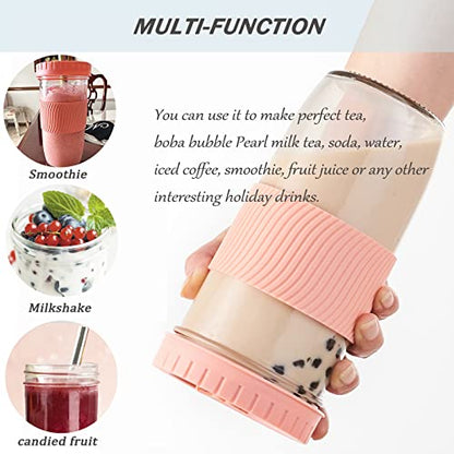 Amyoole 2 Pack Reusable Boba Cup, 24Oz Wide Mouth Smoothie Cup,mason Jar Glass Cups with Lids and Straws,Bubble/Boba Tea Cups,Ice Coffee Tumbler 2 colored straws 1 sponge brush(Pink) - color: Pink