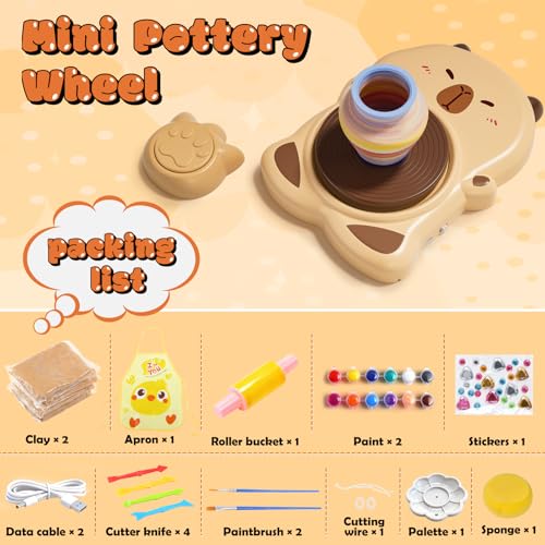 Skirfy Mini Pottery Wheel Machine Kit for Beginners Kids with Light,Electric Ceramic Wheel with Foot Pedal&Painting Kit, Adjustable Speed,Clay Spinner DIY Tools for Art Craft Birthday (Brown) - color: brown