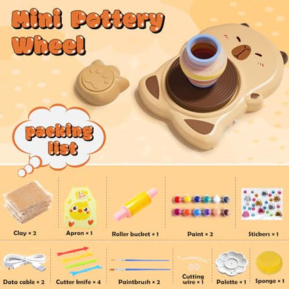 Skirfy Mini Pottery Wheel Machine Kit for Beginners Kids with Light,Electric Ceramic Wheel with Foot Pedal&Painting Kit, Adjustable Speed,Clay Spinner DIY Tools for Art Craft Birthday (Brown) - color: brown