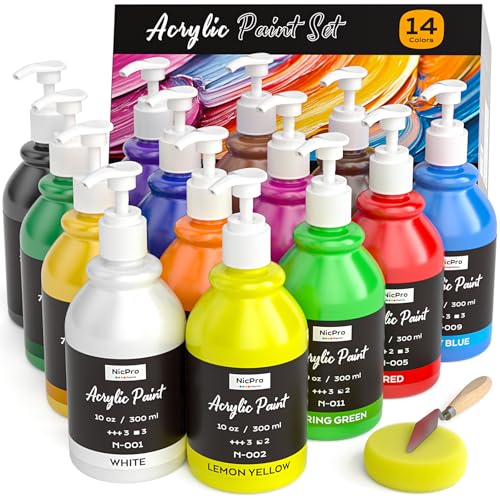 Nicpro 14 Colors Acrylic Paint Set (10oz/300ml), Large Bulk Acrylic Paints kits Rich Pigment Art Painting Supplies for Artists, Beginners, Adults on Rock Crafts Canvas, Wood, Ceramic with Pump - color: 10oz 14colors