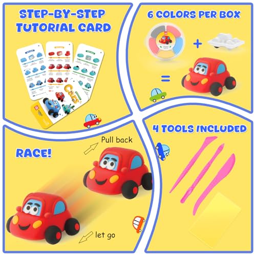 Air Dry Clay Kit for Kids - Pull Back Car Making, 3 Boxes Modeling Clay with Sculpting Tools, Base, Backing Board, Tutorial, Ultra Light & Soft, Non-Toxic & Safe, Creative DIY Arts and Crafts Toys - color: Racine Trio